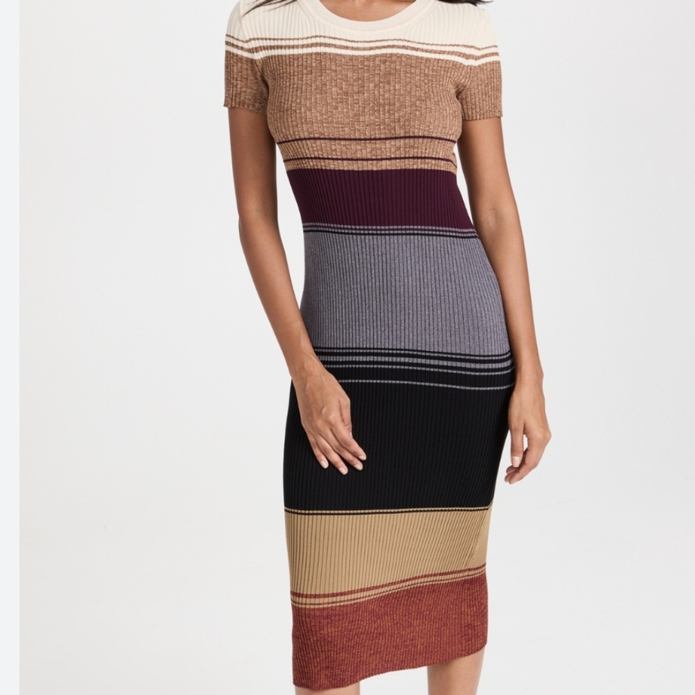 STAUD Cream and Brown Ribbed Sheath Maxi Dress